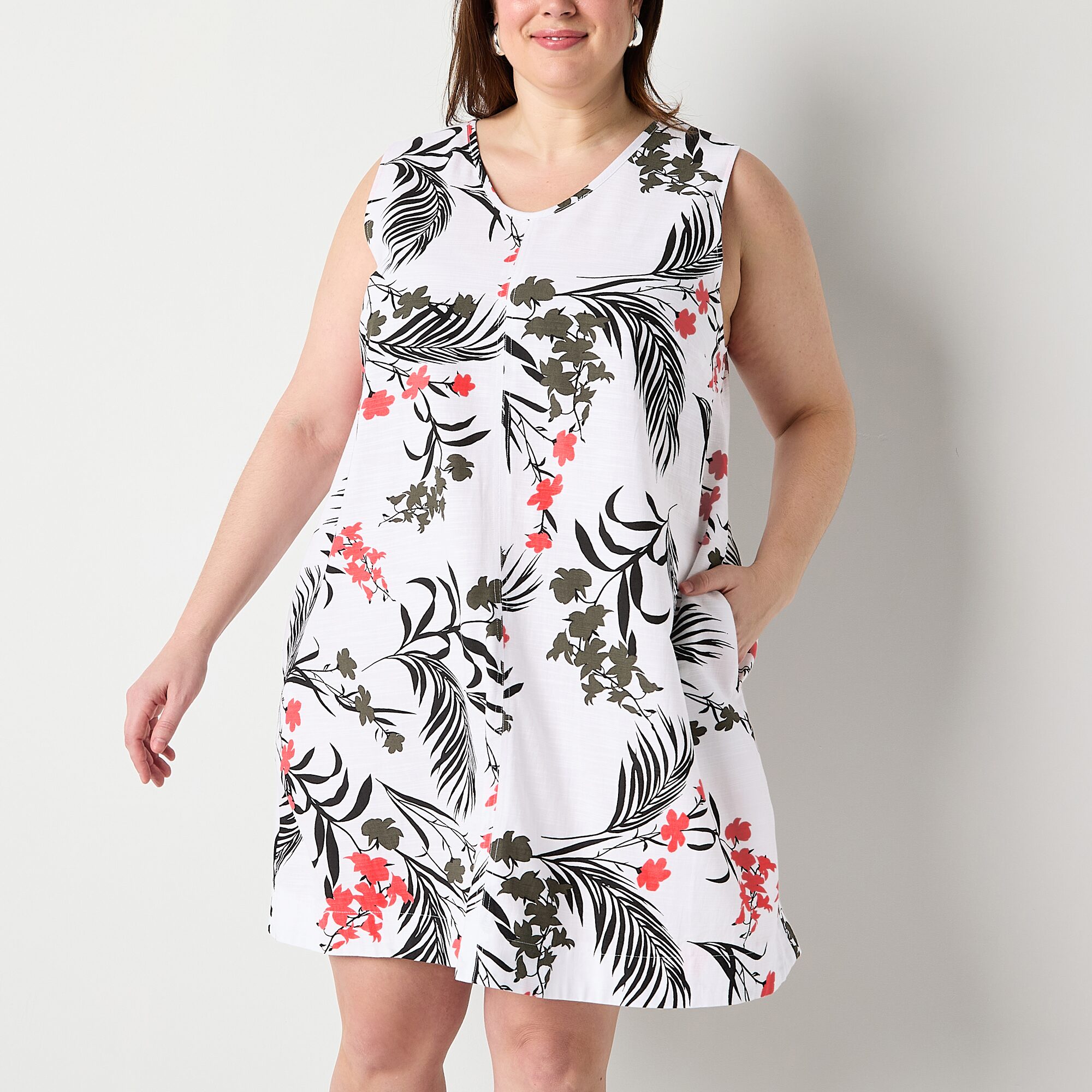 Liz Claiborne Womens Plus Midi V Neck Sleeveless Floral A-Line Dress