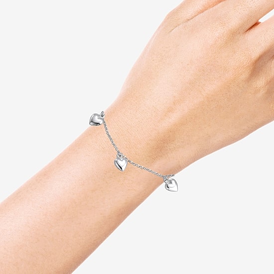Womens Sterling Silver Heart Charm Bracelet