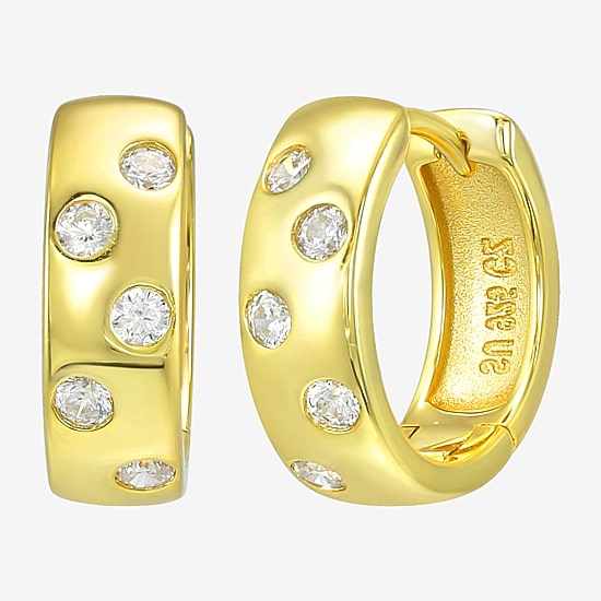 Silver Addiction Womens White Cubic Zirconia 14K Gold Over Silver 13.9mm Round Hoop Earrings