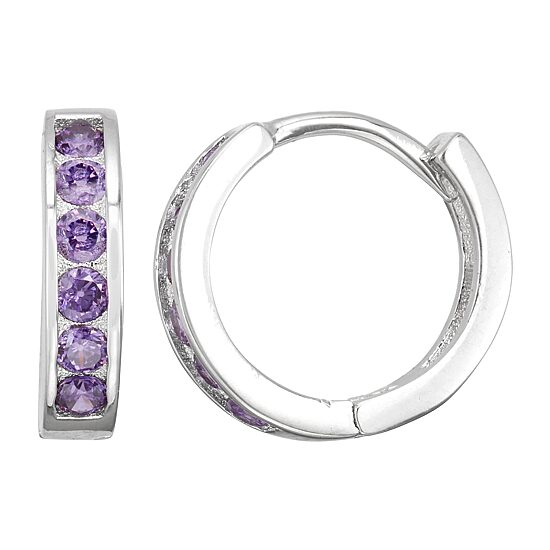 Children'S Girls Purple Cubic Zirconia Sterling Silver 12mm Hoop Earrings
