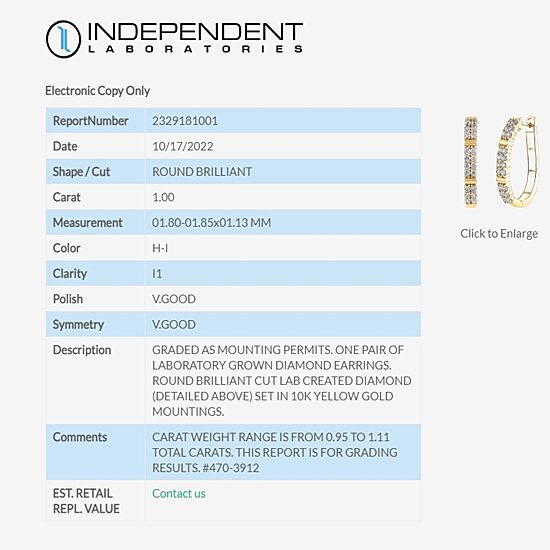 (H-I / I1) Womens 1 CT. T.W. Lab Grown White Diamond 10K Gold 25.6mm Hoop Earrings