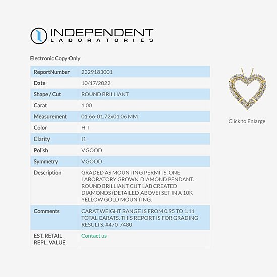 (H-I / I1) Womens 1 CT. T.W. Lab Grown White Diamond 10K Gold Heart 18 Inch Pendant Necklace