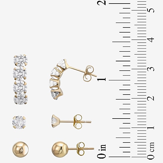 Womens Lab Created Cubic Zirconia 10K Gold Ball 3 Pair Earring Set
