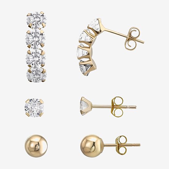Womens Lab Created Cubic Zirconia 10K Gold Ball 3 Pair Earring Set