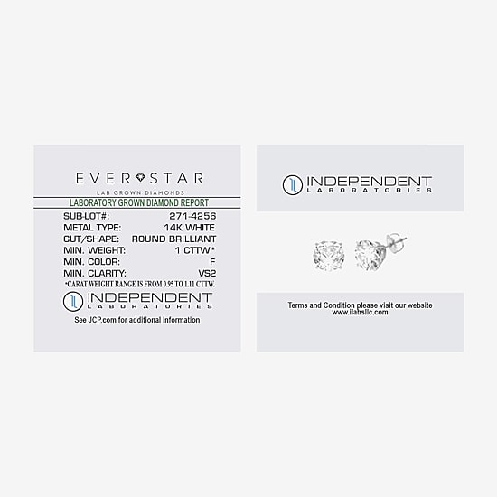 Ever Star (G / VS2) 1 CT. T.W. Lab Grown White Diamond 14K Gold 5.2mm Round Stud Earrings