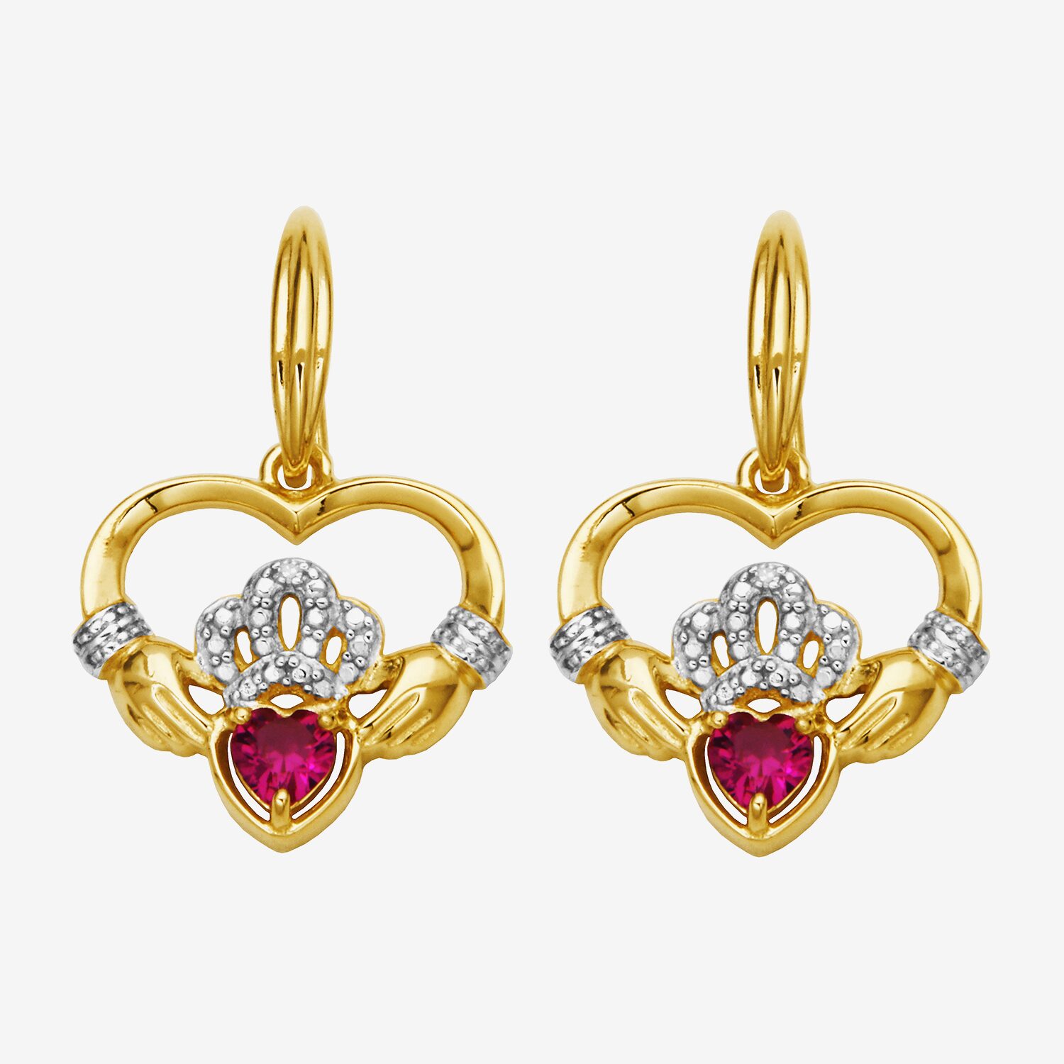 Heart-Shaped Lab-Created Ruby and Diamond-Accent Claddagh Earrings