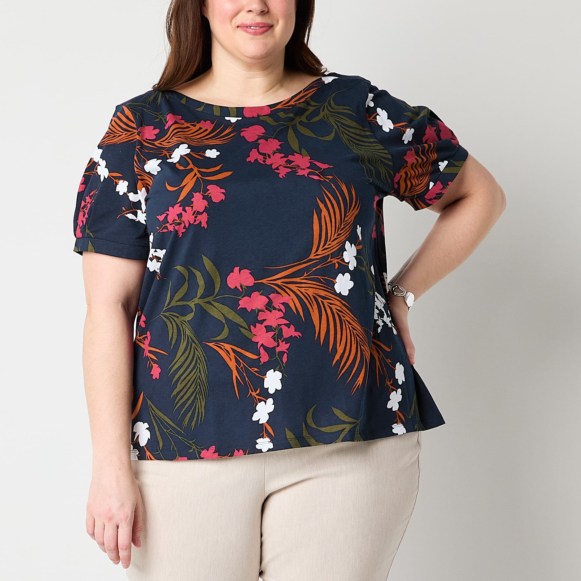 Liz Claiborne Womens Plus Boat Neck Short Sleeve Blouse