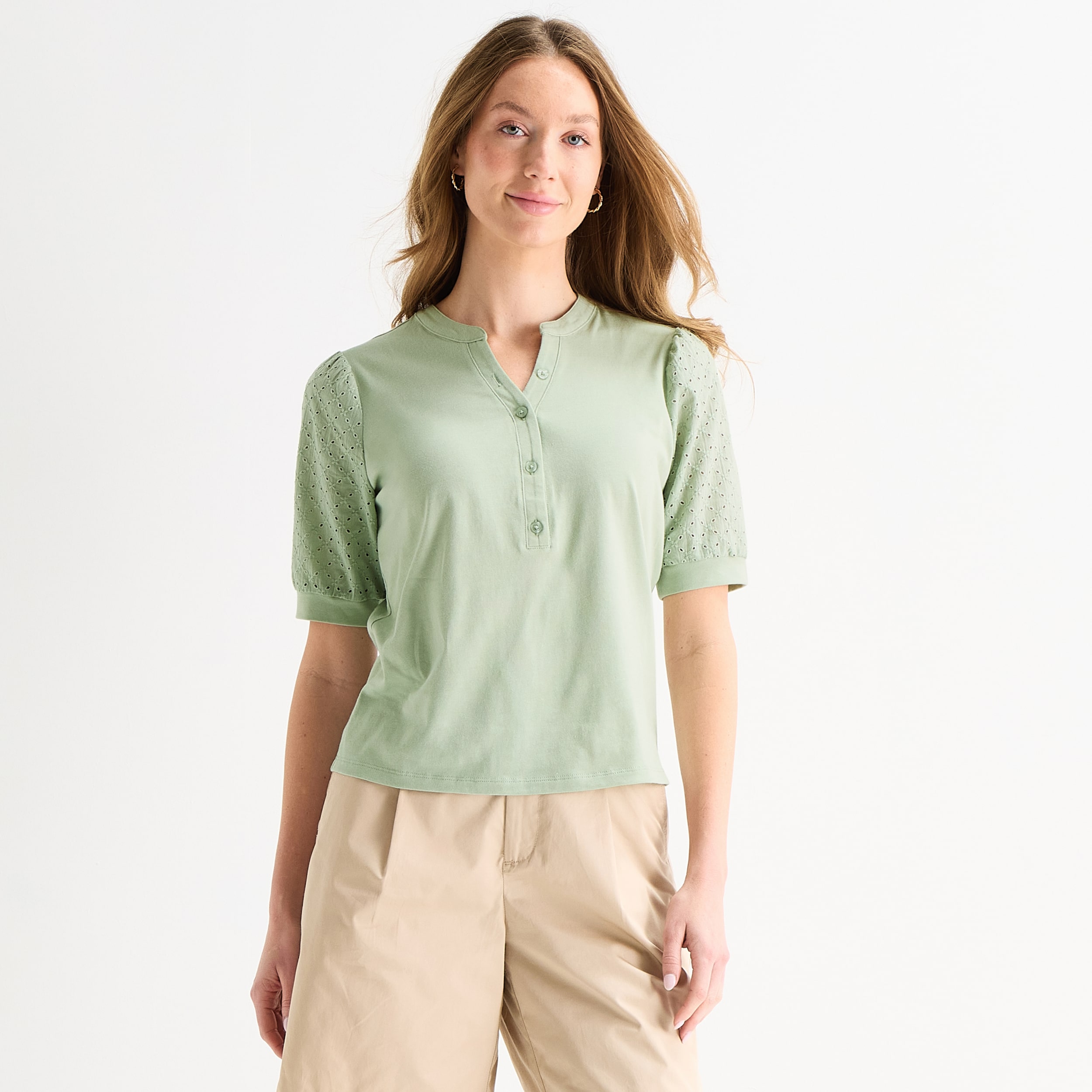 Liz Claiborne Womens Tall Split Crew Neck Elbow Sleeve Blouse