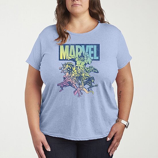 Marvel Group Rainbow Womens Plus Crew Neck Short Sleeve Marvel T-Shirt