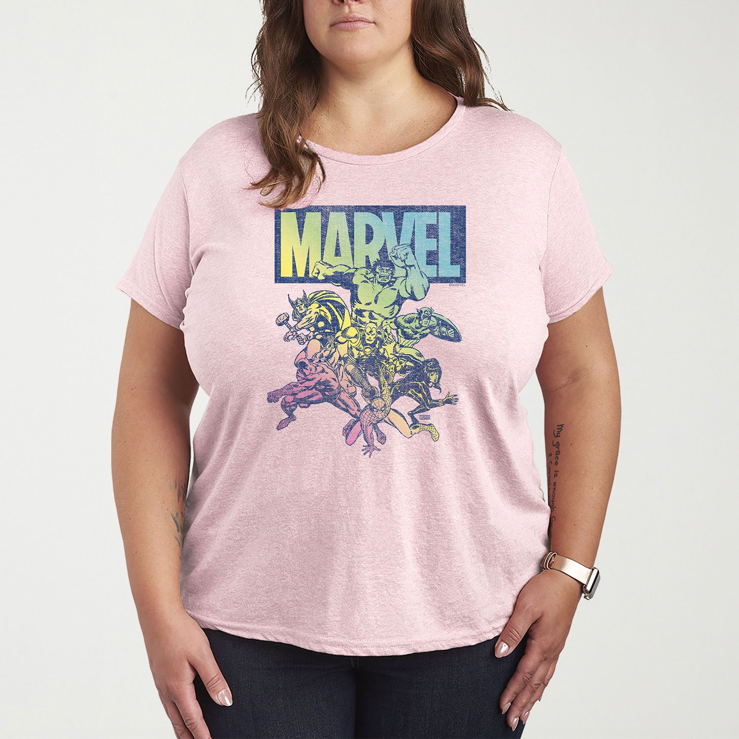 Marvel Group Rainbow Womens Plus Crew Neck Short Sleeve T-Shirt