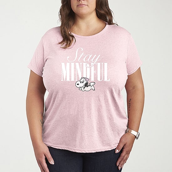 Stay Mindful Womens Plus Crew Neck Short Sleeve Peanuts T-Shirt