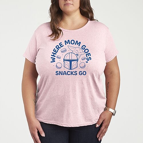 Where Mom Goes Snacks Womens Plus Crew Neck Short Sleeve Baby Yoda T-Shirt, 3x, Pink