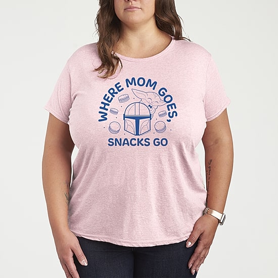 Where Mom Goes Snacks Womens Plus Crew Neck Short Sleeve Baby Yoda T-Shirt