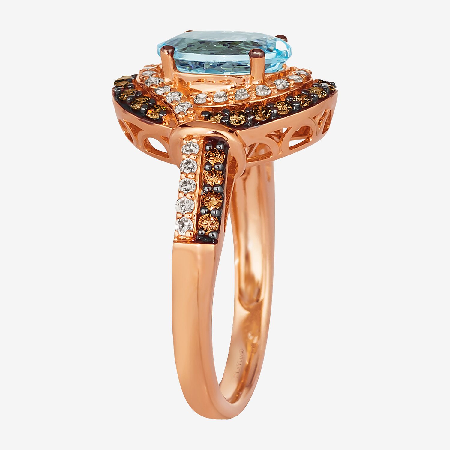 Le Vian® Grand Sample Sale™ Ring featuring 1 1/2 CT. Sea Blue Aquamarine® 1/3 CT. Chocolate Diamonds® 1/4 CT. Nude Diamonds™ set in 14K Strawberry Gold®