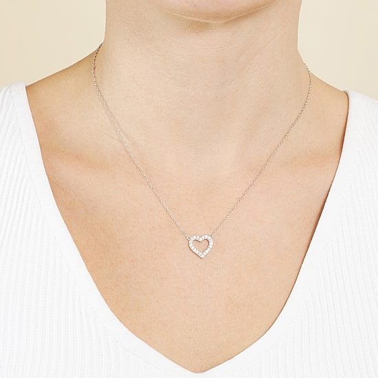Silver Treasures Womens Cubic Zirconia Sterling Silver Heart 16 Inch Pendant Necklace