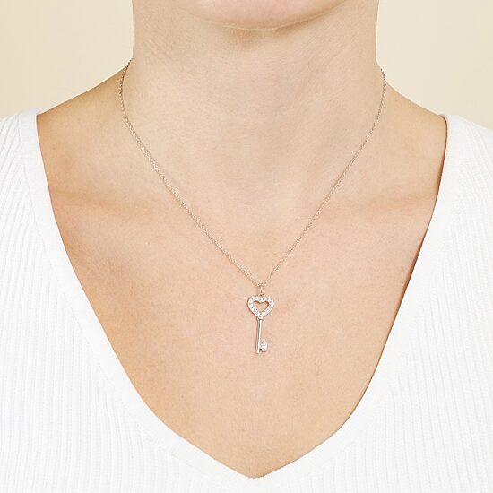 Silver Treasures Womens Cubic Zirconia Sterling Silver Heart 16 Inch Pendant Necklace