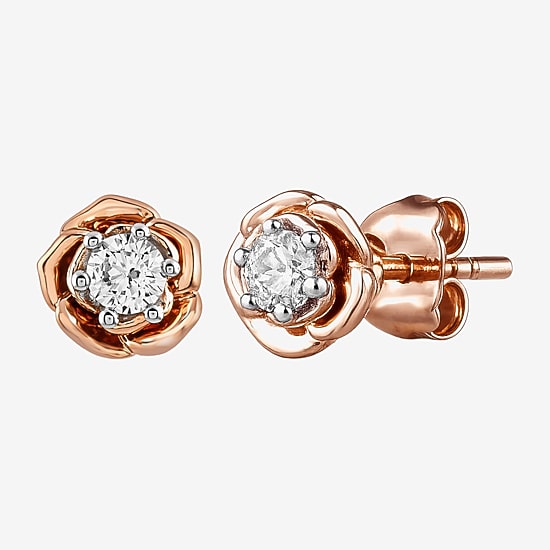 Enchanted Disney Fine Jewelry (I,I2), Belle 1/5 CT. Lab Grown White Diamond 14K Rose Gold Over Silver 6.5mm Flower Beauty and the Beast Belle Princess Stud Earrings