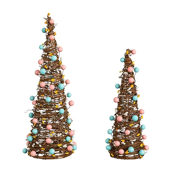 Nearly Natural 12" And 16" Rattan Cone With Pastel Eggs Indoor Artificial Tree
