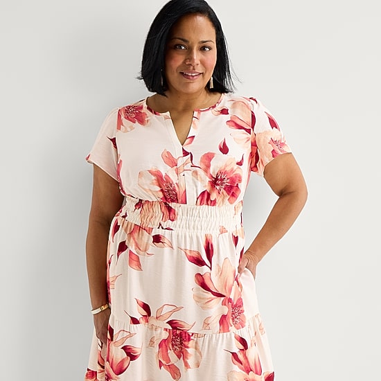 Liz Claiborne Womens Plus Midi V Neck Short Sleeve Floral Peasant Dress