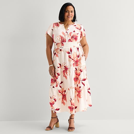 Liz Claiborne Womens Plus Midi V Neck Short Sleeve Floral Peasant Dress