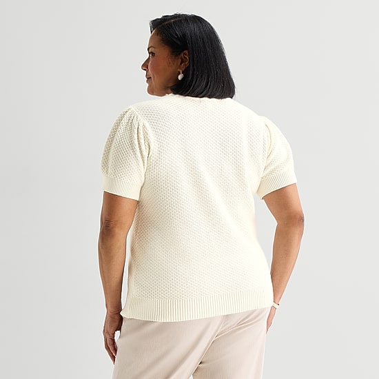 Liz Claiborne Plus Womens Crew Neck Short Sleeve Pullover Sweater
