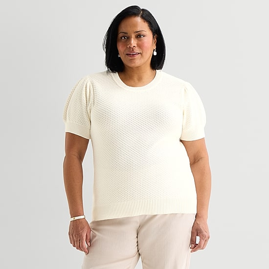 Liz Claiborne Plus Womens Crew Neck Short Sleeve Pullover Sweater