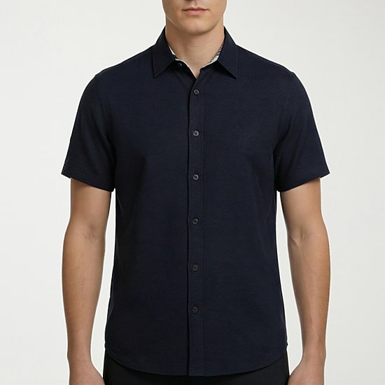 Report Collection Linen  Blend Mens Short Sleeve Modern Fit Button-Down Shirt