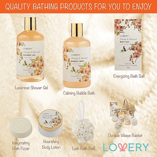 LOVERY™ Honey & Almond Home Bath Gift Set - 7pc Handmade Spa Kit