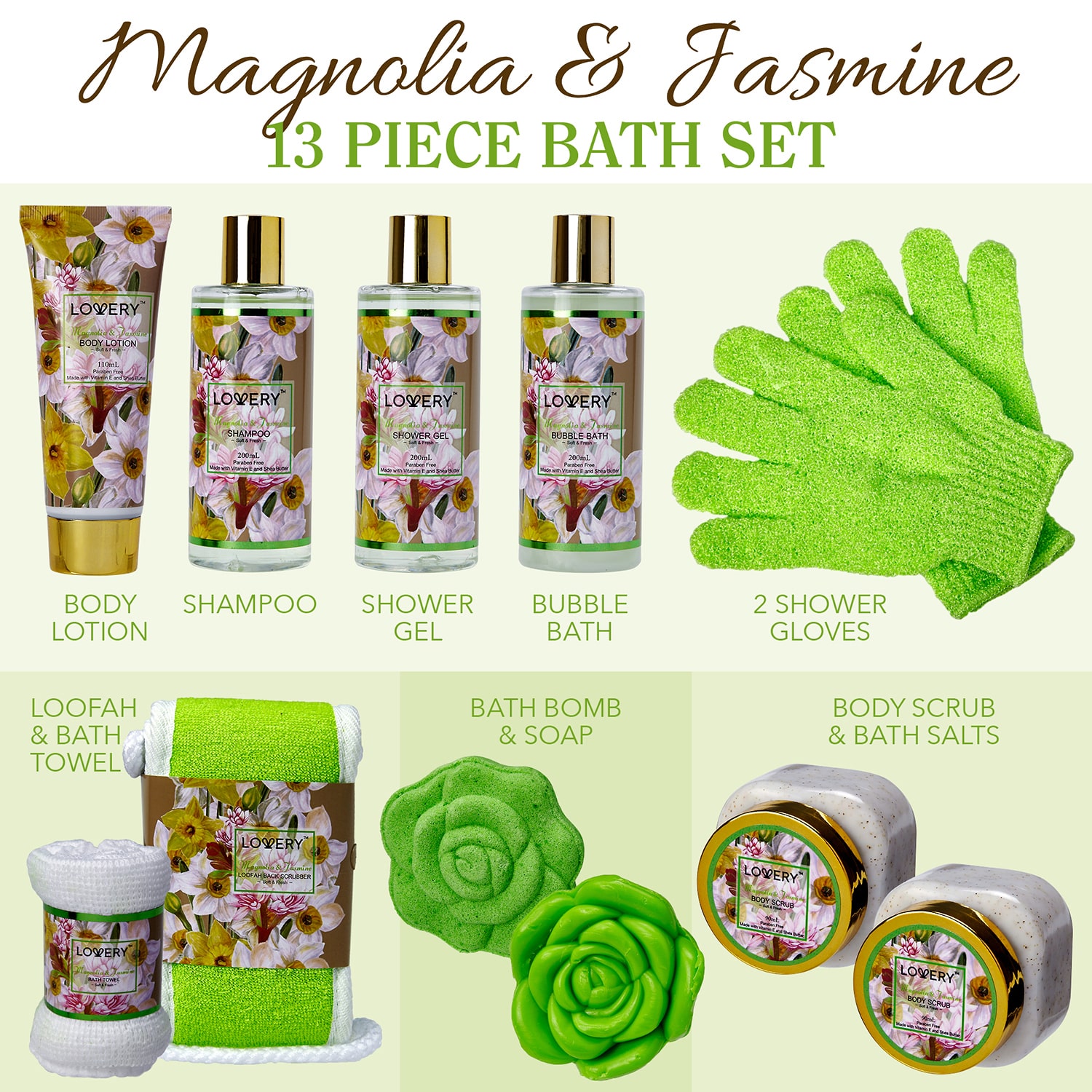 LOVERY™ Magnolia And Jasmine Home Bath Set - 13pc Body Care Spa Kit