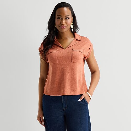 Liz Claiborne Womens V Neck Short Sleeve Blouse, Large, Brown
