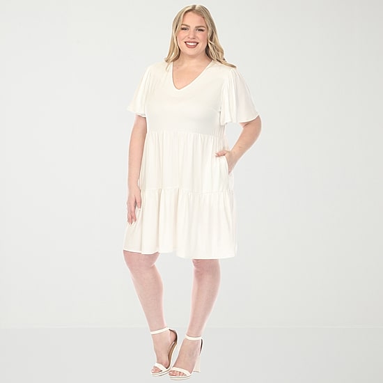 White Mark V-Neck Short Sleeve Womens Plus V Neck Short Sleeve A-Line Dress