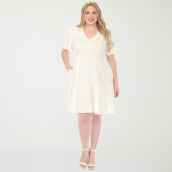 White Mark V-Neck Short Sleeve Womens Plus V Neck Short Sleeve A-Line Dress