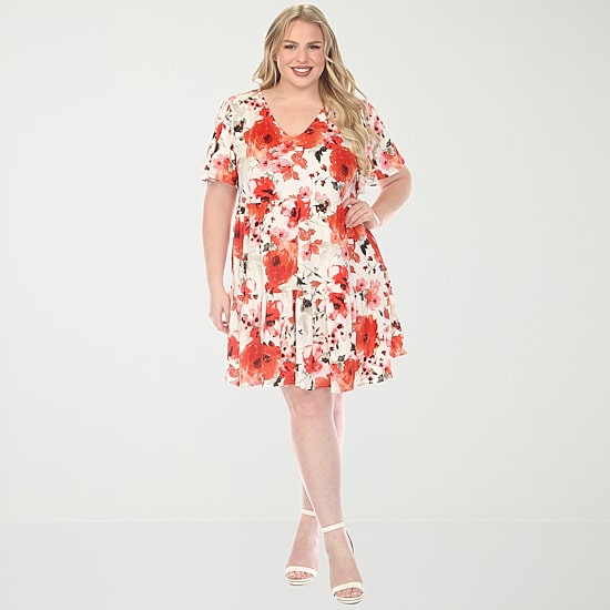 White Mark Womens Plus V Neck Short Sleeve Floral A-Line Dress