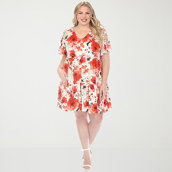 White Mark Womens Plus V Neck Short Sleeve Floral A-Line Dress