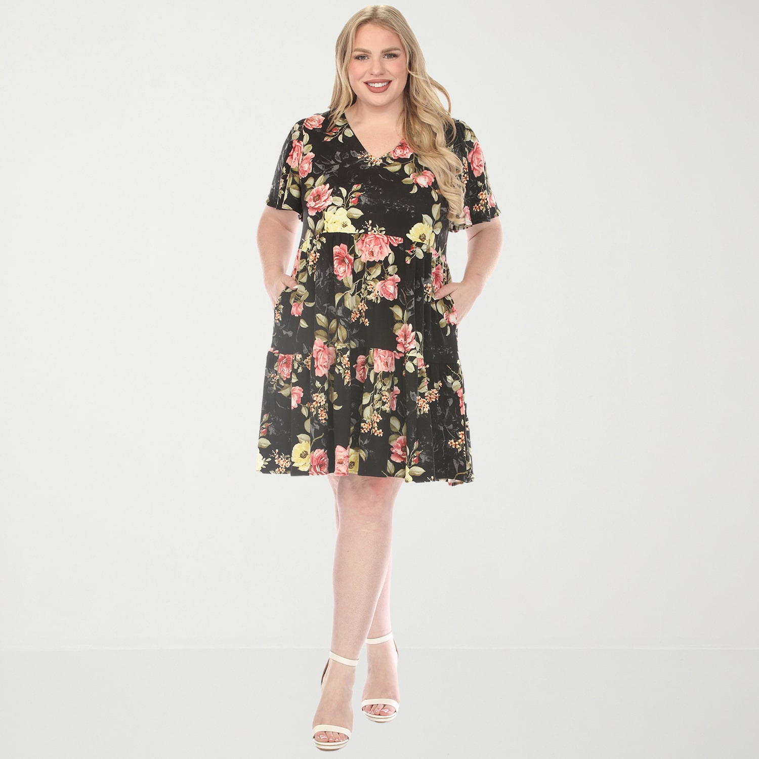 White Mark V-Neck Tropical Flower Short Sleeve Womens Plus V Neck Floral A-Line Dress