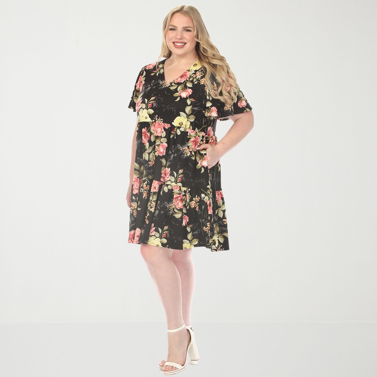 White Mark V-Neck Tropical Flower Short Sleeve Womens Plus V Neck Floral A-Line Dress