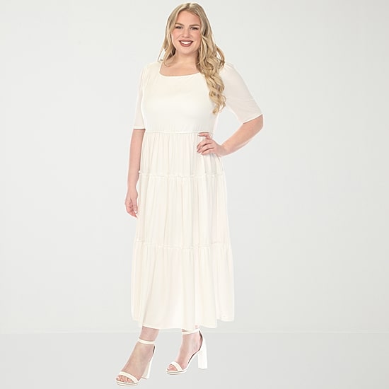 White Mark Square Neck Short Sleeve Tiered Womens Plus Square Neck Elbow Sleeve Fitted Maxi Dress