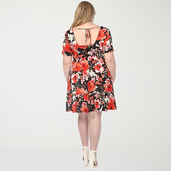 White Mark Womens Plus Square Neck Short Sleeve Fitted Floral Fit + Flare Dress