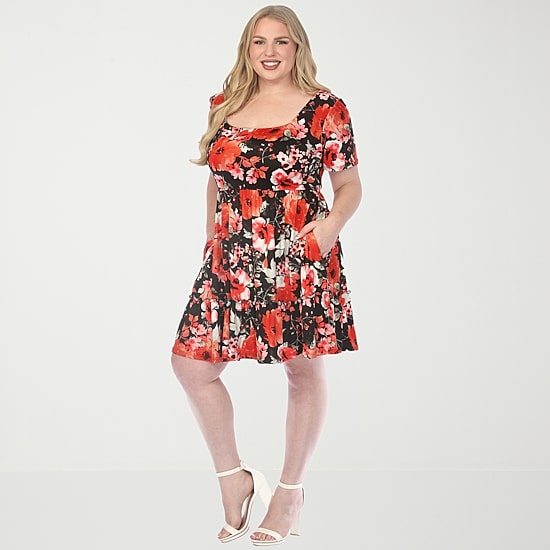 White Mark Womens Plus Square Neck Short Sleeve Fitted Floral Fit + Flare Dress