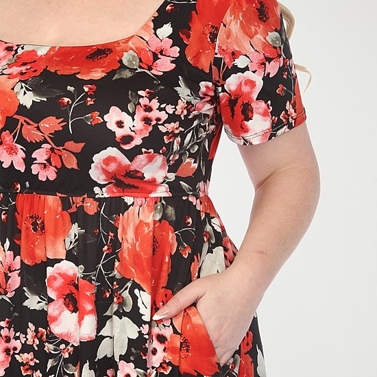White Mark Womens Plus Square Neck Short Sleeve Fitted Floral Fit + Flare Dress