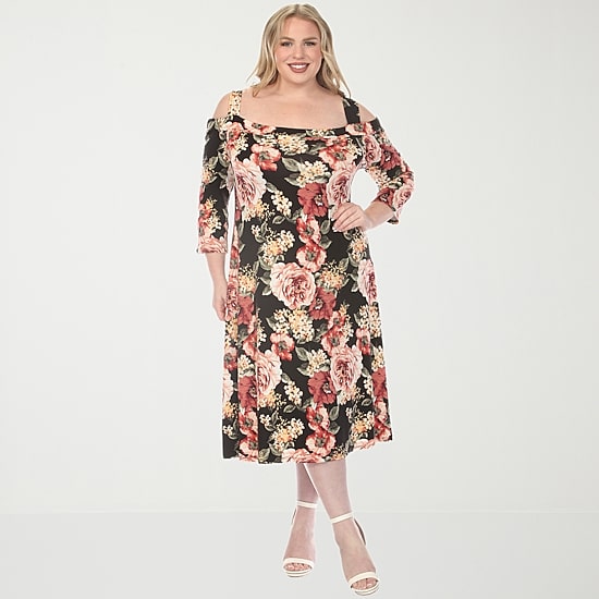White Mark Womens Plus Midi Scoop Neck 3/4 Sleeve Floral A-Line Dress