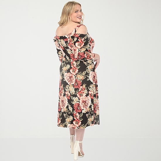 White Mark Womens Plus Midi Scoop Neck 3/4 Sleeve Floral A-Line Dress