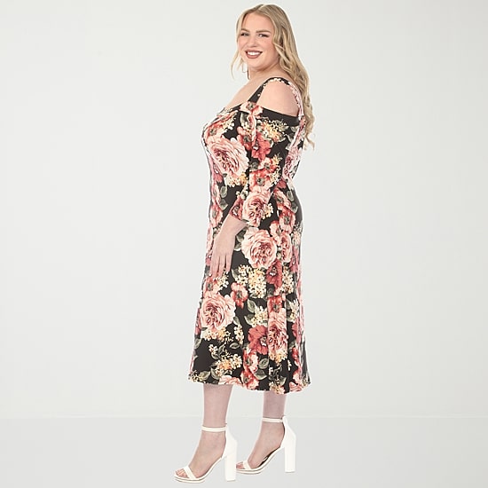 White Mark Womens Plus Midi Scoop Neck 3/4 Sleeve Floral A-Line Dress