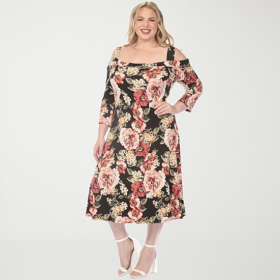 White Mark Womens Plus Midi Scoop Neck 3/4 Sleeve Floral A-Line Dress