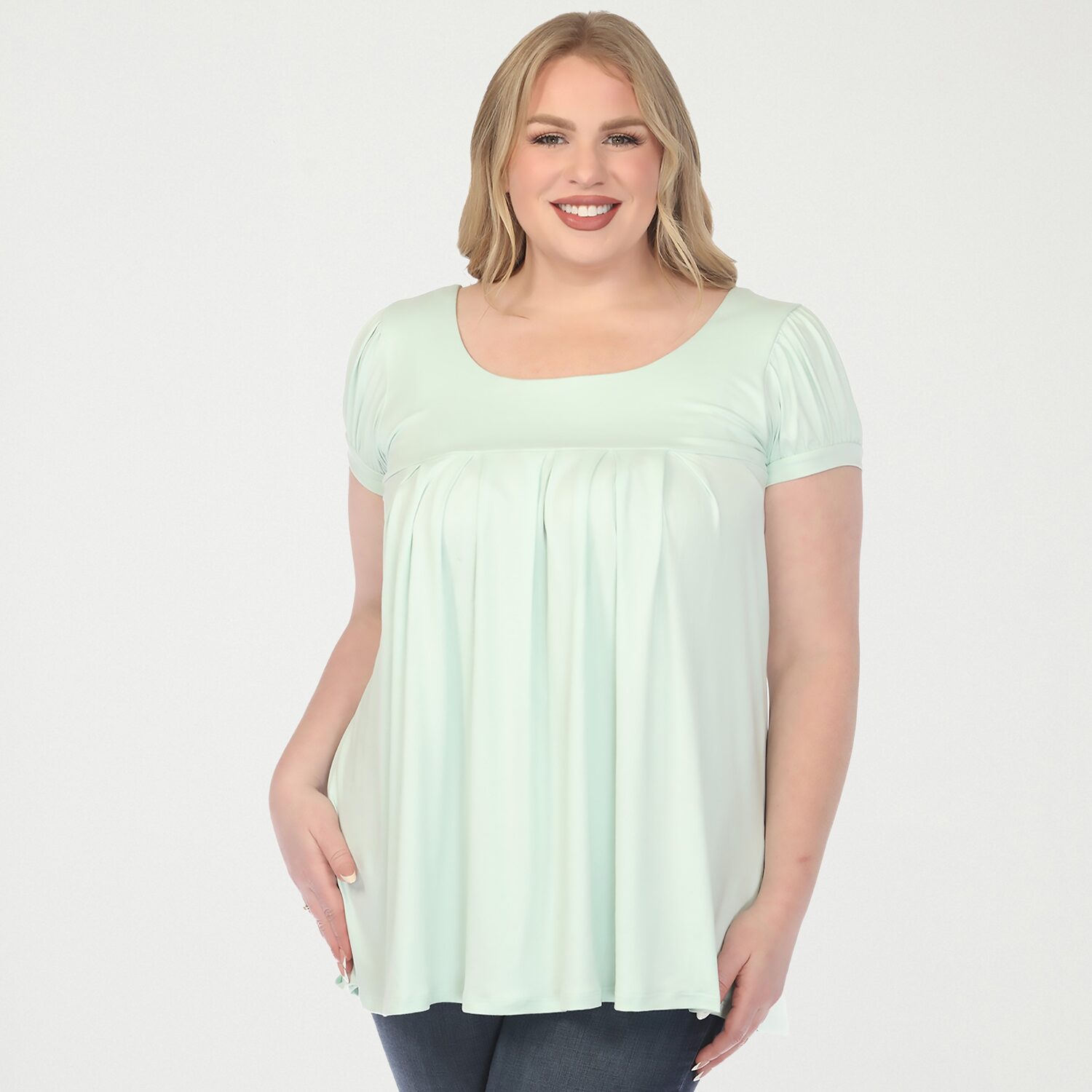 White Mark Plus Cap Sleeve Pleated Womens Boat Neck Short Tunic Top