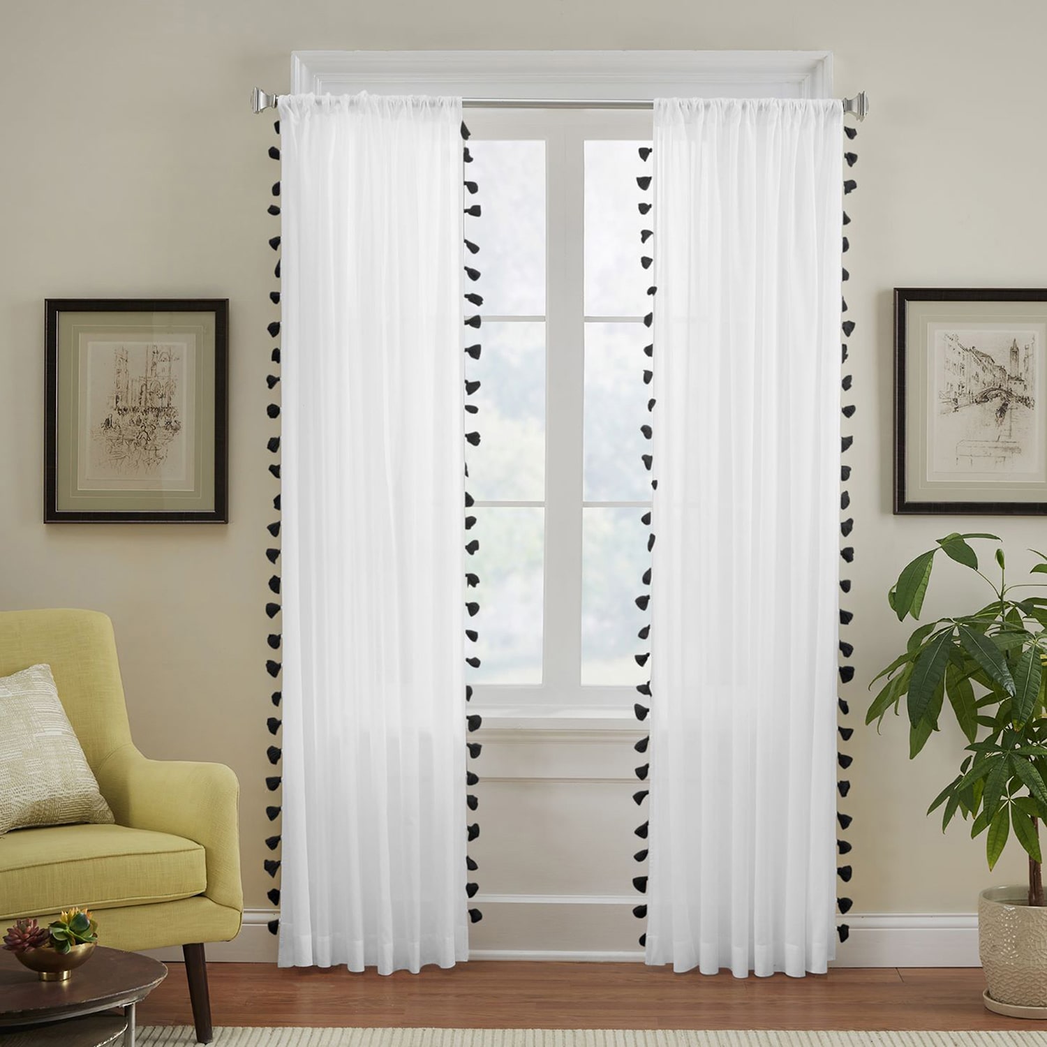Threadmade Bianca Tassle 100% Cotton Rod Pocket Embellished Light-Filtering Single Curtain Panel