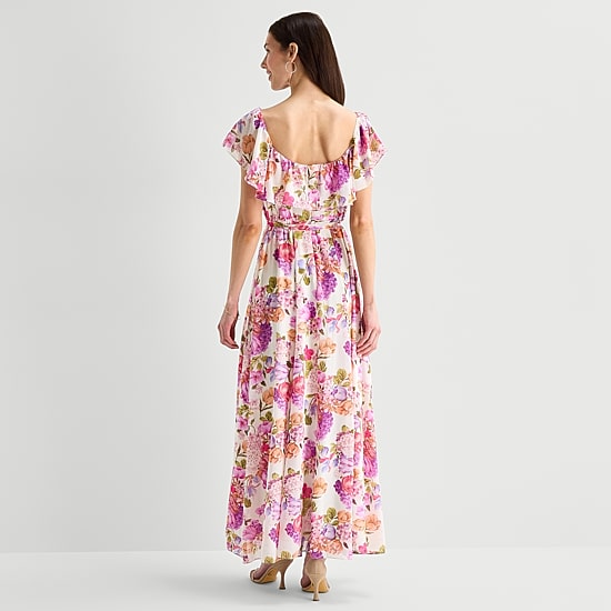 Melonie T Womens Square Neck Short Sleeve Ruffled Chiffon Maxi Dress