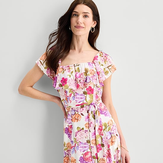 Melonie T Womens Square Neck Short Sleeve Ruffled Chiffon Maxi Dress