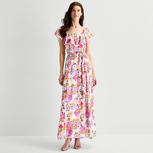 Melonie T Womens Square Neck Short Sleeve Ruffled Maxi Dress, 16, Pink