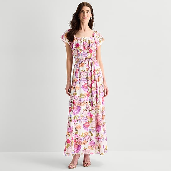 Melonie T Womens Square Neck Short Sleeve Ruffled Chiffon Maxi Dress
